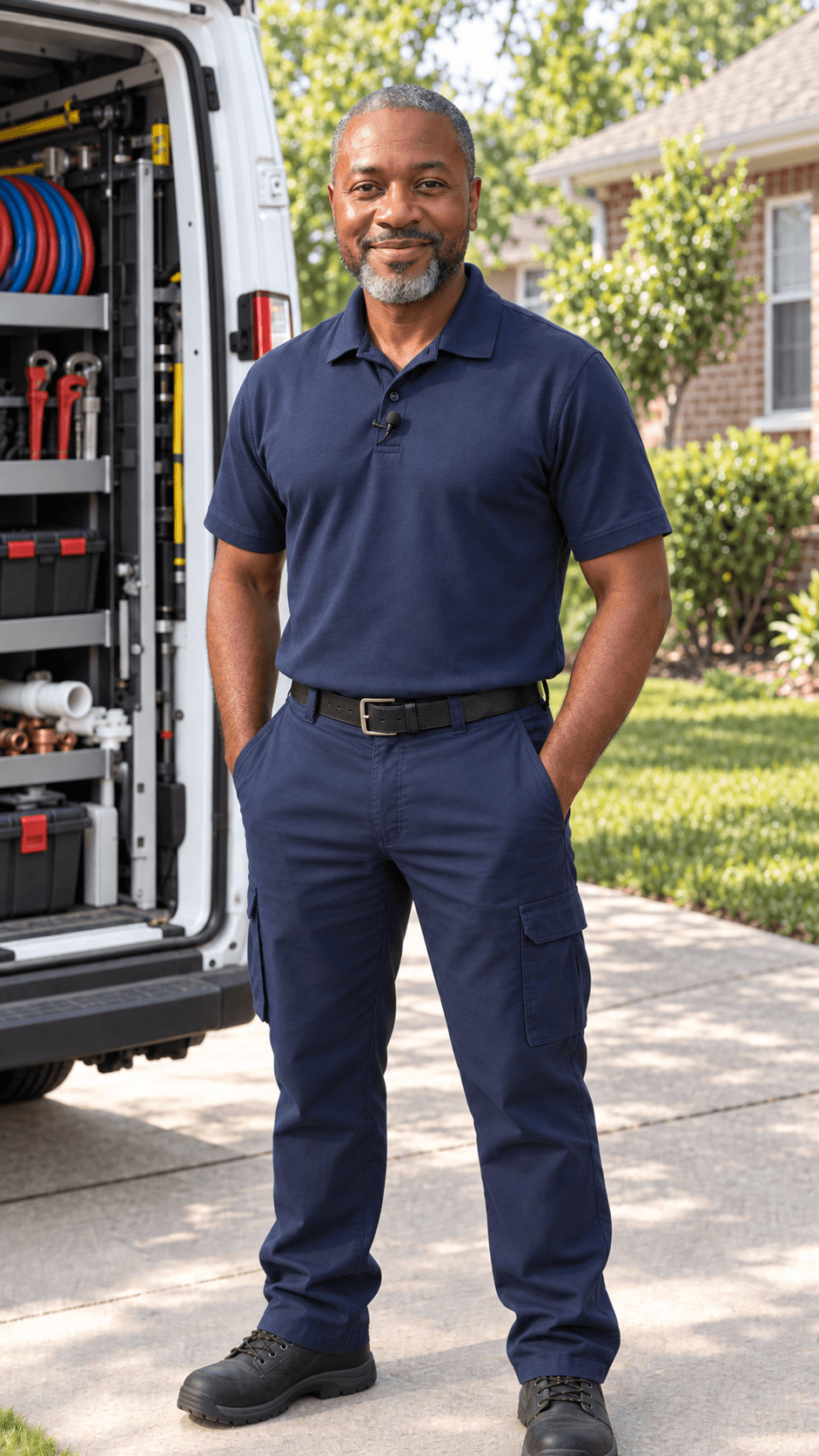 Plumbing professional beside his open work van outside a house