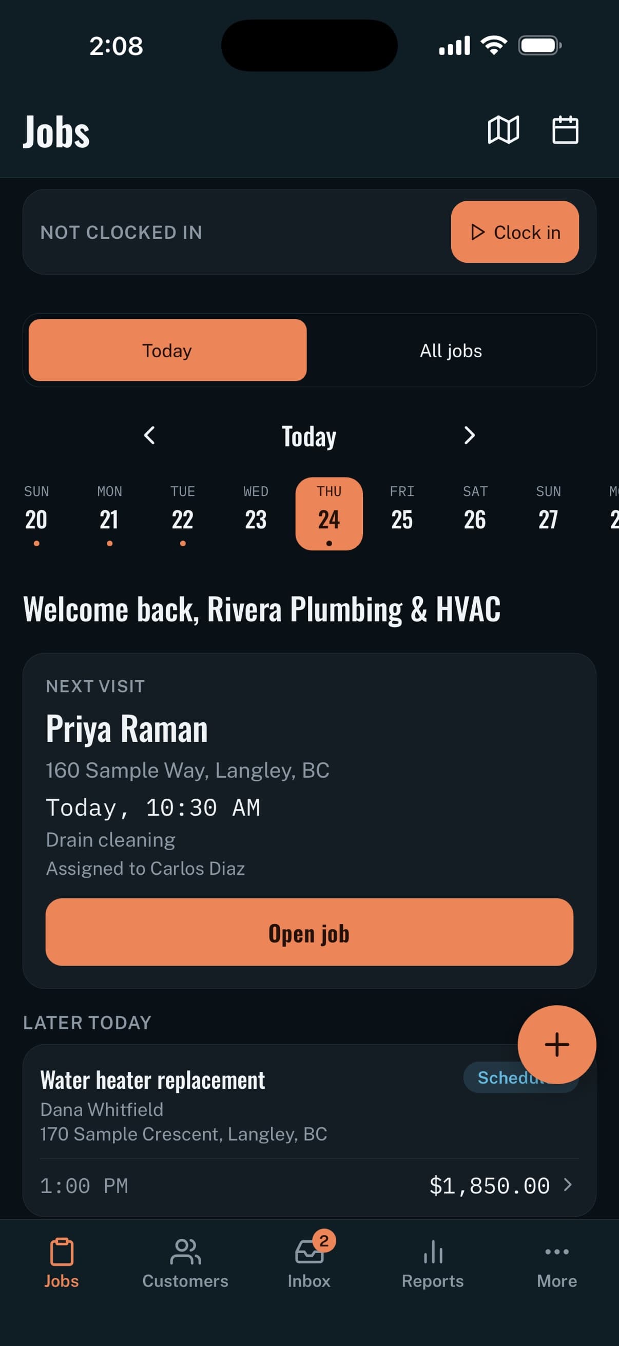 Handro iOS Jobs screen: the next visit with its address, time and technician, and the rest of today below
