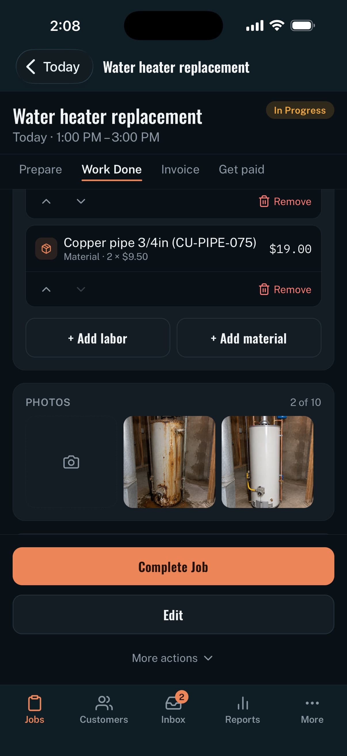 Handro iOS job Work Done tab: materials and labour lines, and before-and-after photos of a water heater replacement
